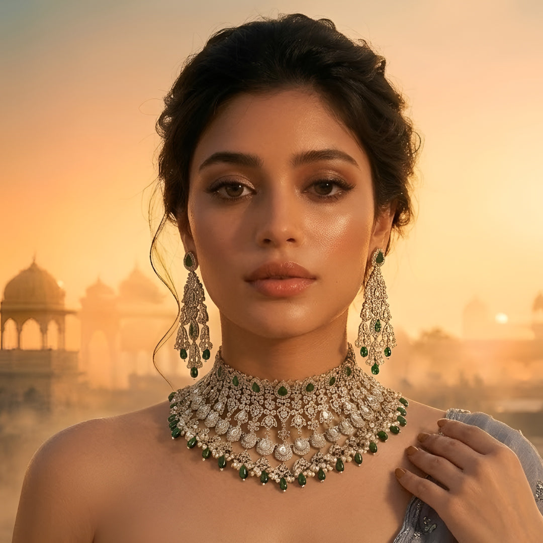 Green Kundan Polki bridal choker necklace set with intricate lattice design, pearl embellishments, green teardrop beads, and matching statement earrings.