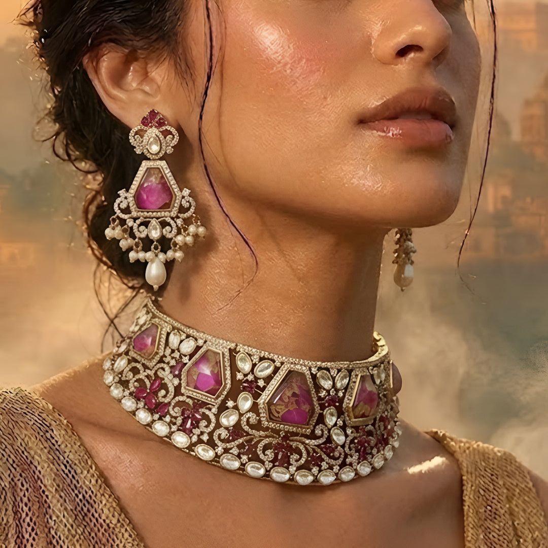Royal pink Kundan bridal choker necklace set with matching earrings featuring white Kundan stones, floral detailing, pink statement stones, and pearl drop accents.