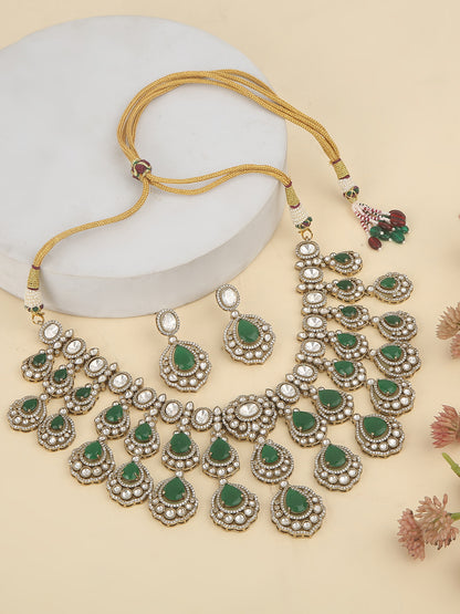 Traditional Kundan Emerald Green Necklace Set with Earrings Gold Tone Bridal Jewelry
