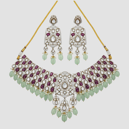 “Bridal Kundan choker necklace set with ruby stones and green beads, matching earrings”