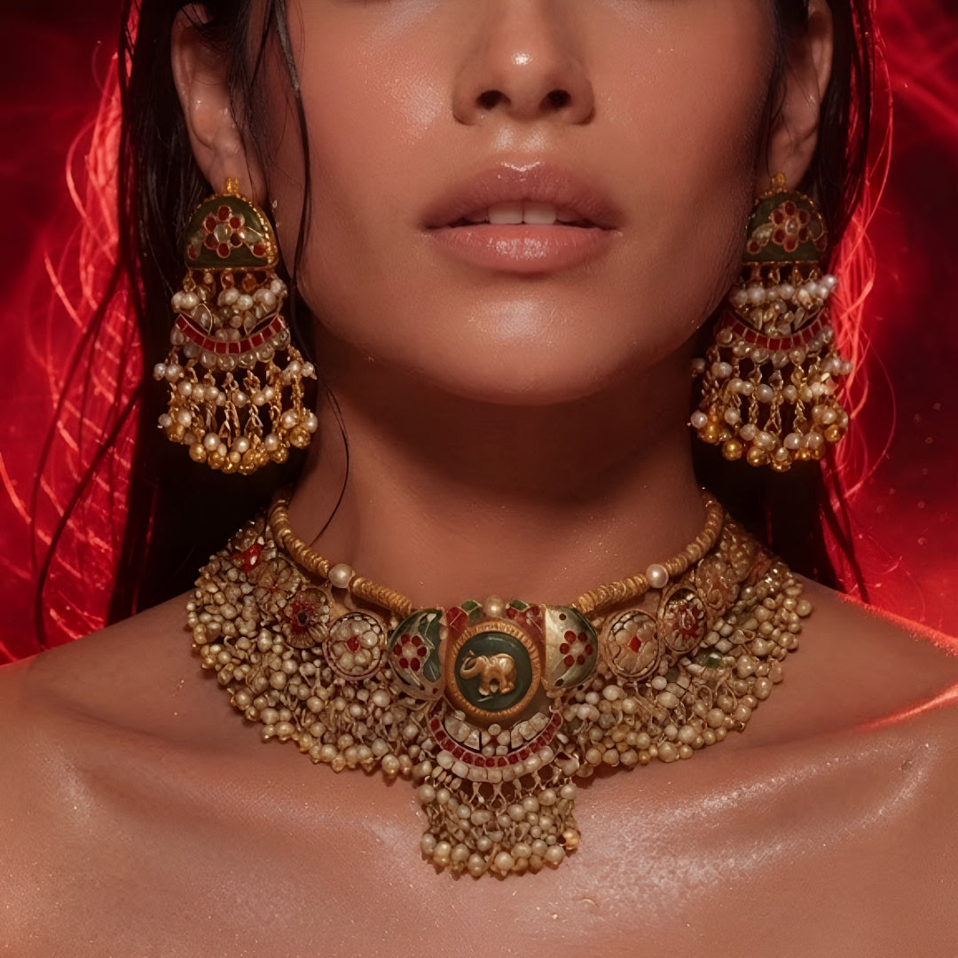"Antique gold meenakari choker necklace set with elephant motif and matching pearl jhumka earrings, traditional bridal jewellery"