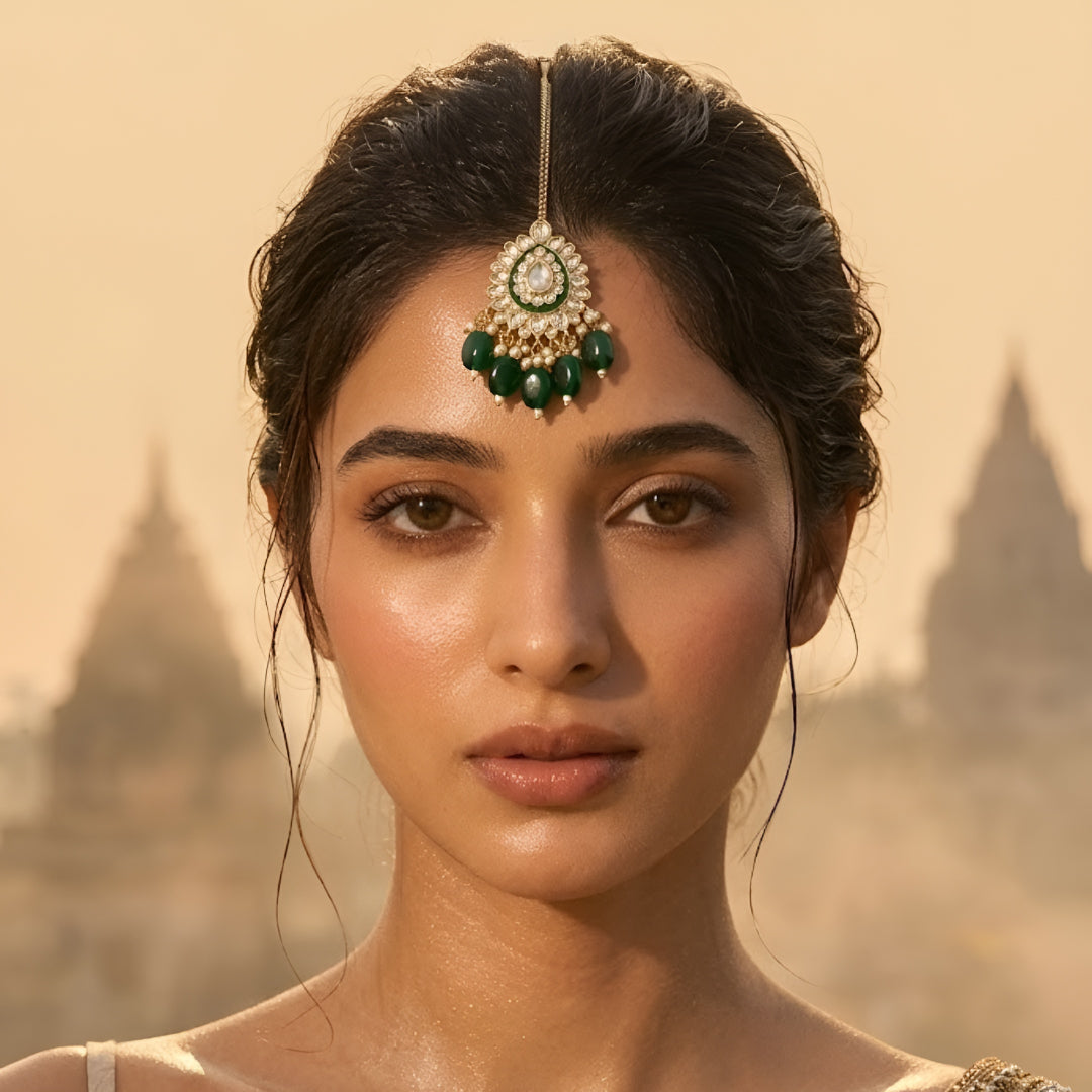 Gold-toned Kundan maang tikka with green enamel detailing, teardrop stones, pearl accents, and emerald-green bead drops for bridal and festive wear.