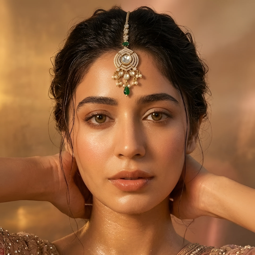 Auraa Trends Silver-Plated American Diamond & Green Stone Maang Tikka for Women | Bridal Wedding Ethnic Forehead Jewelry