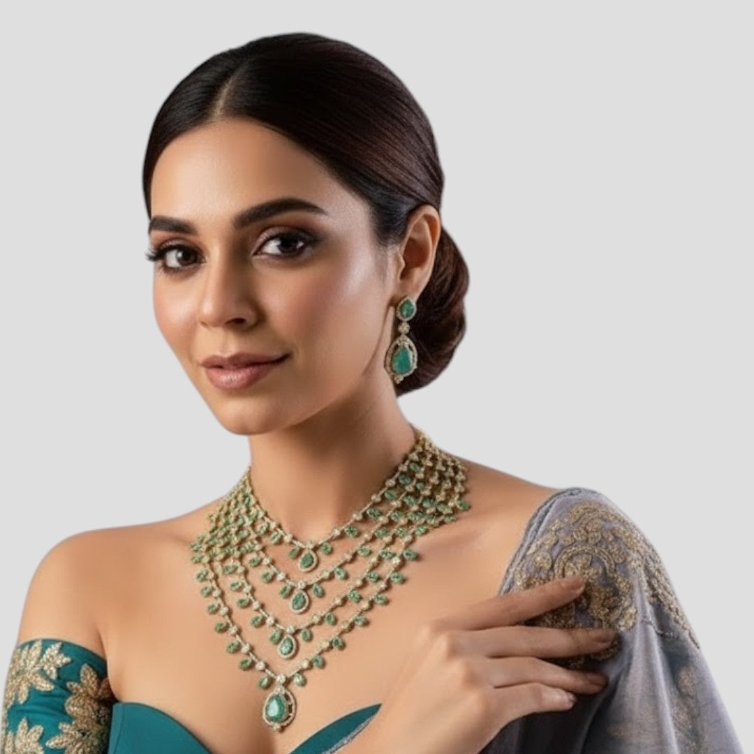 "Multi-layered gold-plated Kundan necklace set with pastel pink and green stones and matching earrings"