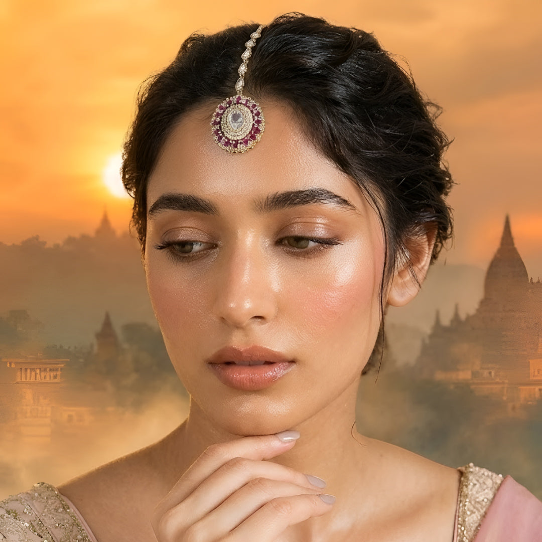 "Gold-plated pink American diamond bridal maang tikka with oval crystal centerpiece and marquise stones for women on white background."