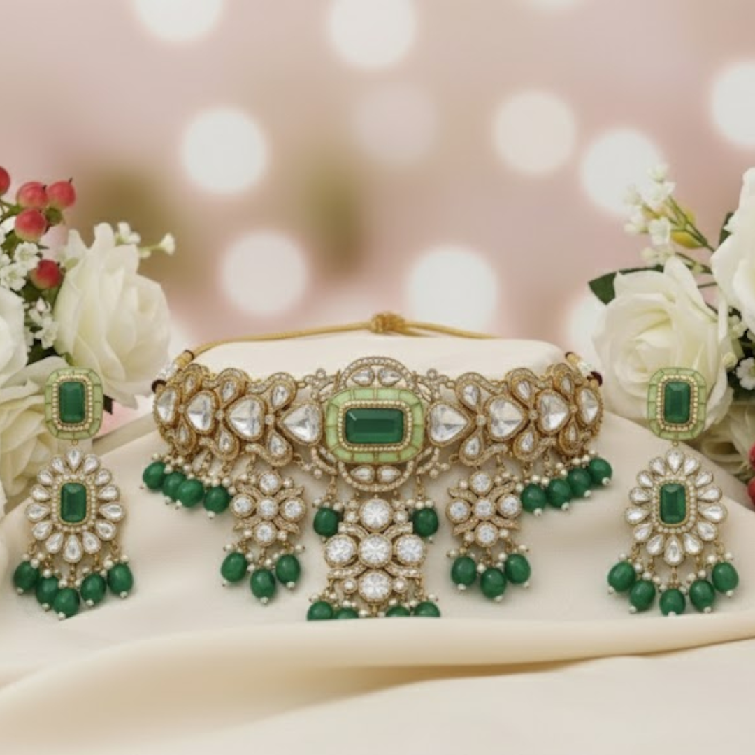 "Gold-plated kundan choker necklace set with green beads and matching earrings – traditional Indian jewelry for women"