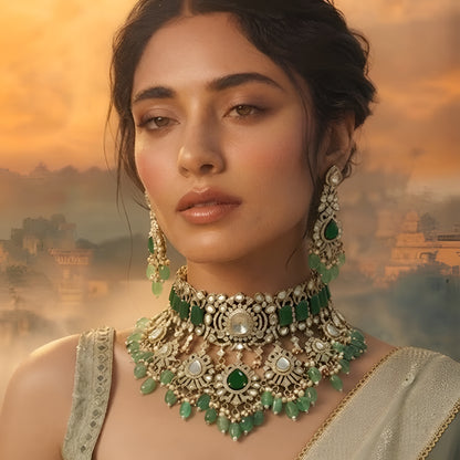 Luxury green stone Kundan choker necklace set with matching long earrings and green bead drops for bridal and wedding wear