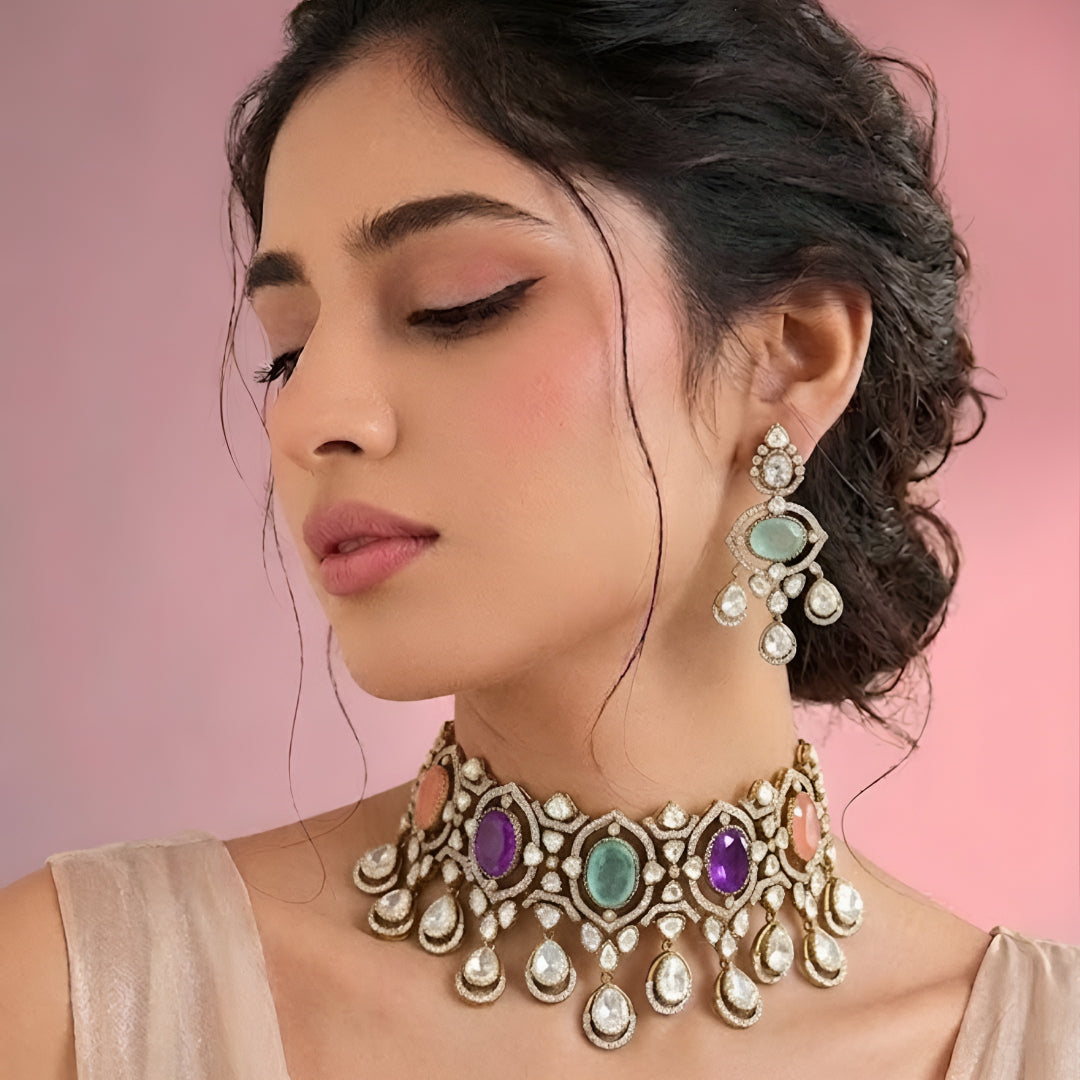 Multicolor Kundan choker necklace set with matching chandelier earrings in gold plating by Auraa Trends