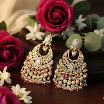 Heavy Gold-Plated Kundan Chandbali Earrings with Pearl & Pink Bead Work