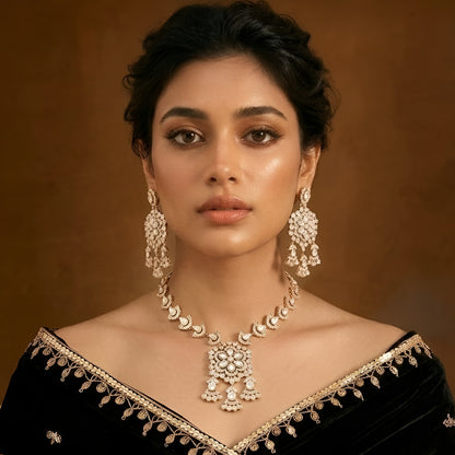 Gold-tone Kundan floral necklace set featuring a statement pendant with dangling accents and matching drop earrings on a white background.