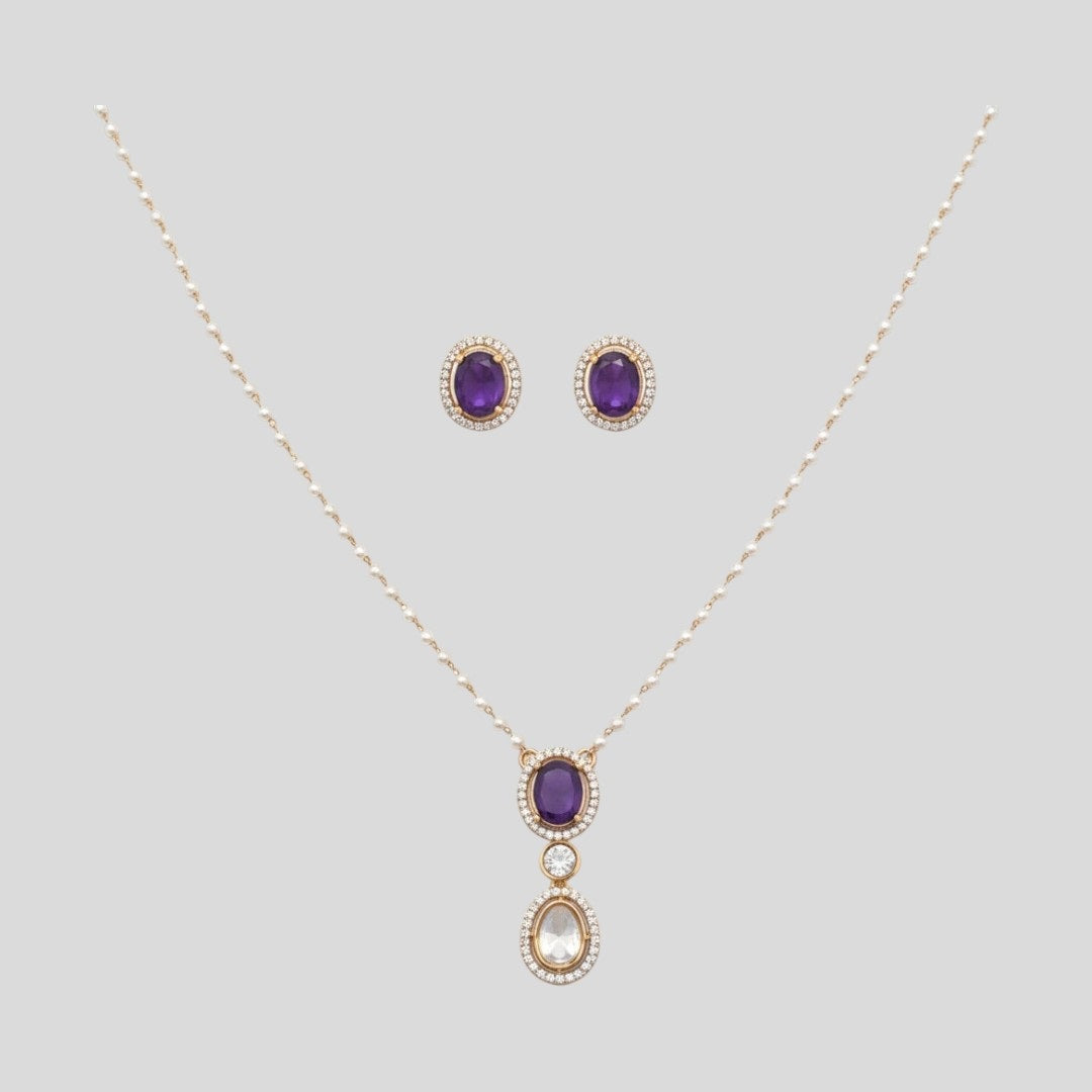 Elegant Amethyst & Crystal Halo Jewelry Set | Necklace & Earrings | Gold-Tone