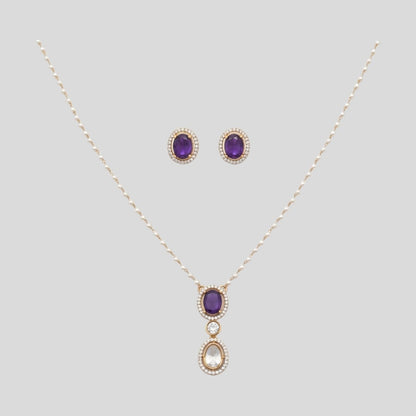 Elegant Amethyst & Crystal Halo Jewelry Set | Necklace & Earrings | Gold-Tone