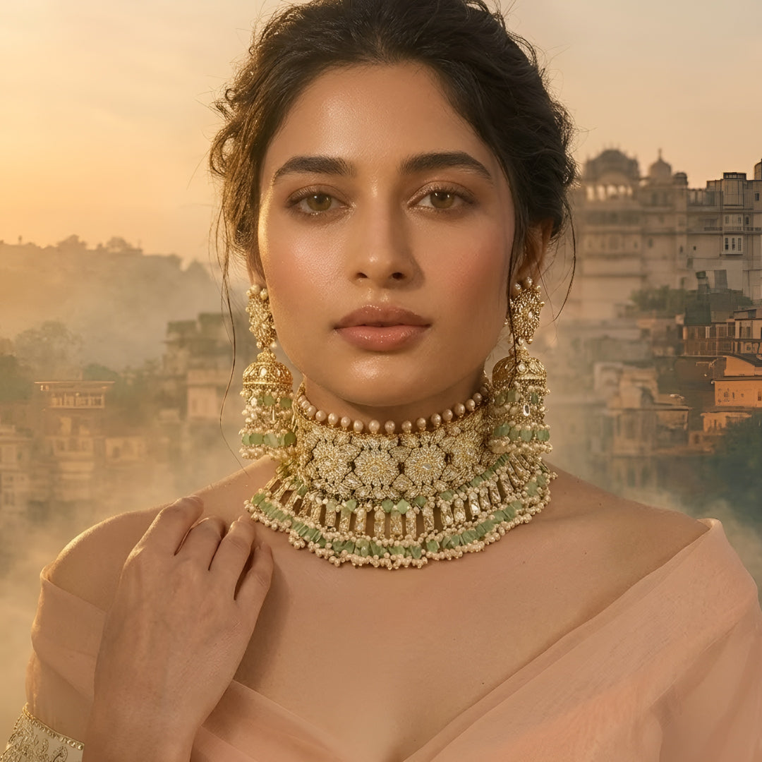 Gold Plated Floral Kundan Choker Necklace Set with Mint Green Beads and Matching Jhumka Earrings for Women Bridal Wedding Jewelry