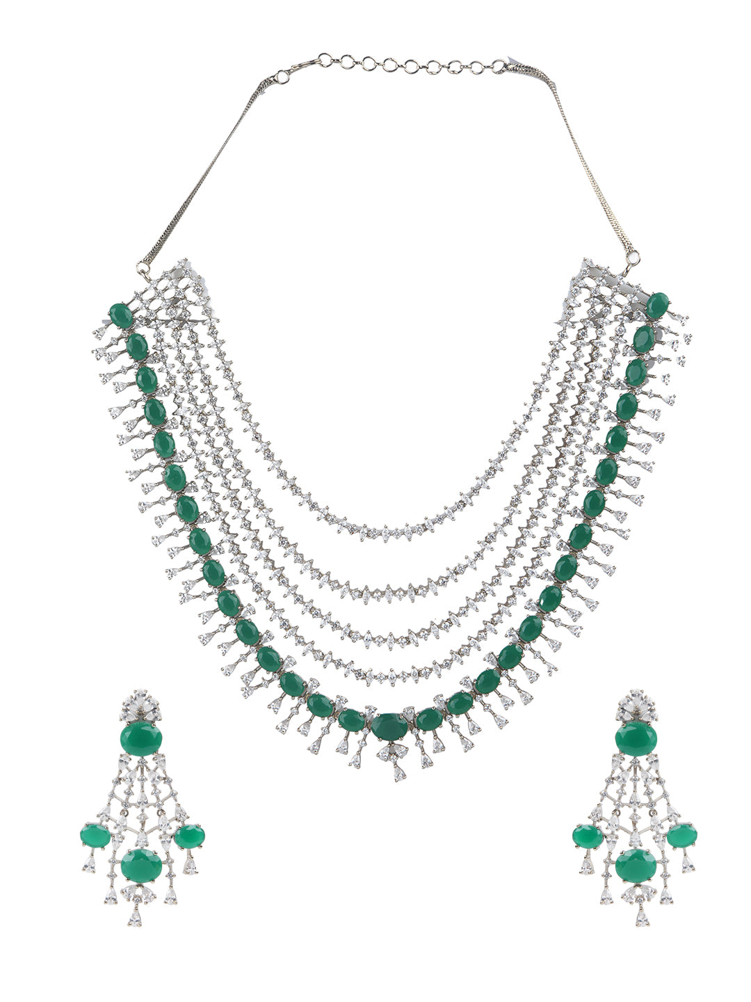 Silver-tone multi-layer emerald green necklace set with chandelier earrings, statement bridal jewelry with oval green stones and crystal detailing