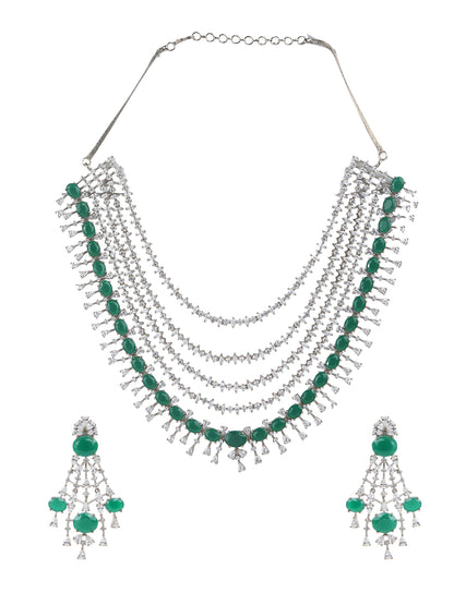 Silver-tone multi-layer emerald green necklace set with chandelier earrings, statement bridal jewelry with oval green stones and crystal detailing