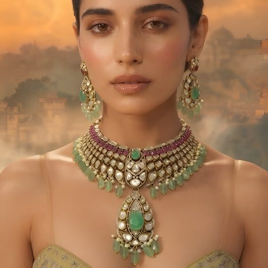 Luxury Green Kundan Bridal Choker Necklace Set with Ruby Stones, Pearl Drops, and Matching Earrings for Wedding and Traditional Wear.