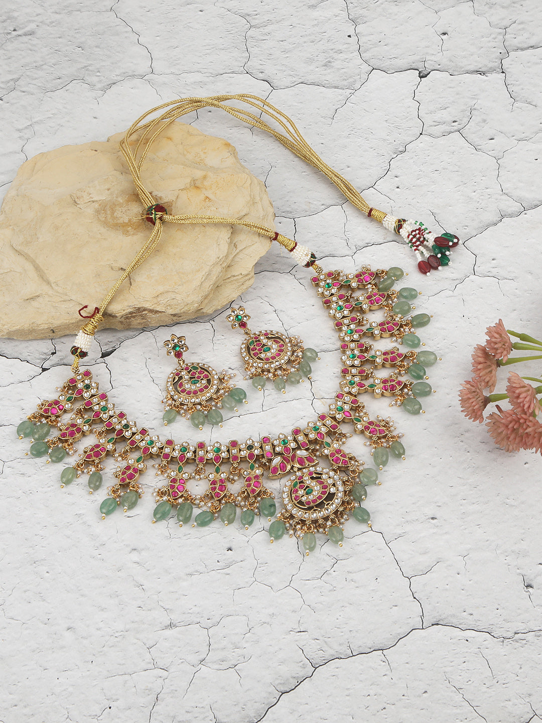 Gold Plated Kundan Necklace Set with Pink & Green Stones and Drop Beads