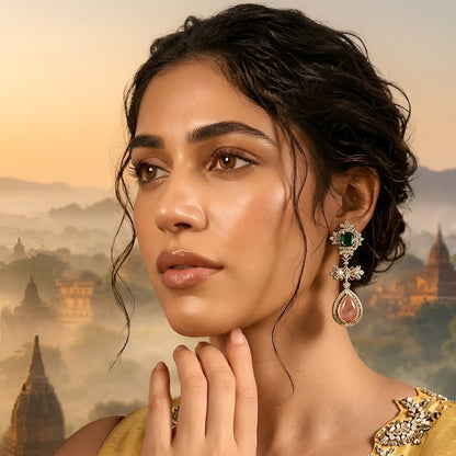 Gold-plated statement drop earrings featuring emerald green stones, pink teardrop gemstones, and sparkling crystal accents for women.