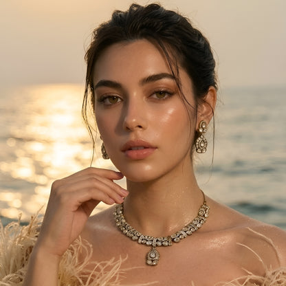 Gold-plated Kundan choker necklace set with matching drop earrings featuring teardrop stones and bridal-inspired traditional design.