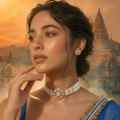 Elegant pearl kundan choker necklace set with matching stud earrings featuring gold-tone finish and traditional ethnic design for women.