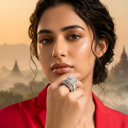 Luxury silver-tone cubic zirconia statement ring with princess-cut center stone and baguette crystal accents