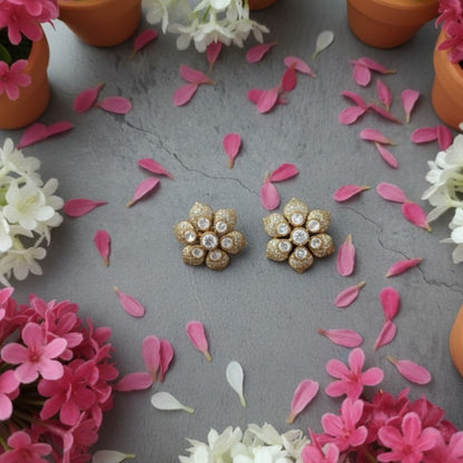 Gold-Plated Floral Stud Earrings with CZ Stones for Women