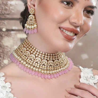 Kundan Pearl Bridal Necklace Set with Pink Beads & Maang Tikka