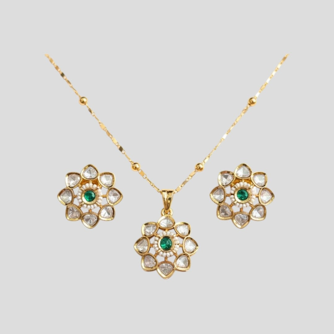 Gold-Plated Floral Kundan Pendant Necklace & Earrings Set with Green Stone Cente