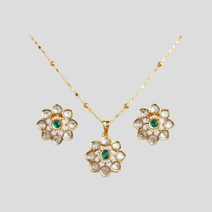 Gold-Plated Floral Kundan Pendant Necklace & Earrings Set with Green Stone Cente