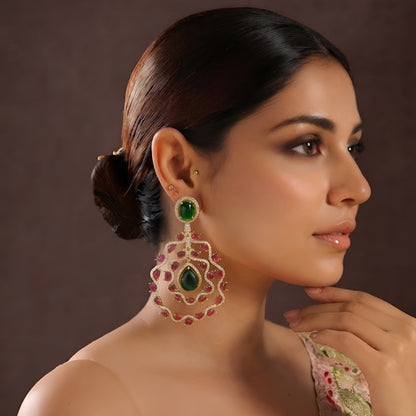 Emerald Green & Ruby Red Stone Designer Earrings for Women | Gold Plated Luxury Bridal Statement Drop Earrings