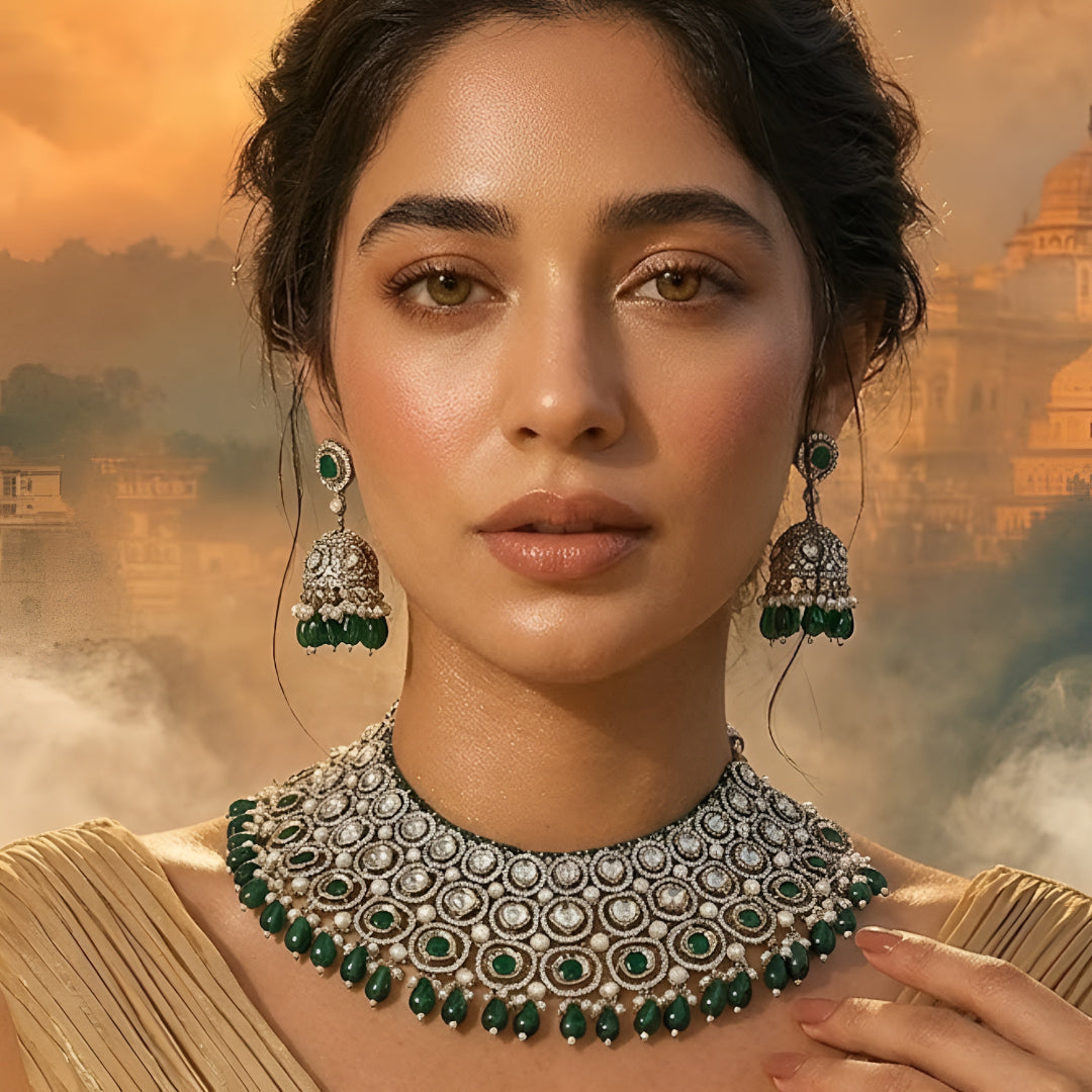 Traditional green Kundan choker necklace set with Polki stones, pearl detailing, green bead drops, and matching jhumka earrings for bridal and wedding wear.