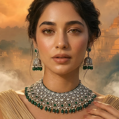 Traditional green Kundan choker necklace set with Polki stones, pearl detailing, green bead drops, and matching jhumka earrings for bridal and wedding wear.