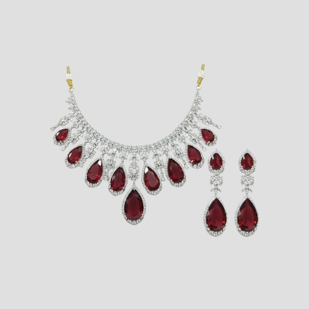 Red Stone Diamond-Cut Bridal Necklace Set for Women with Matching Earrings