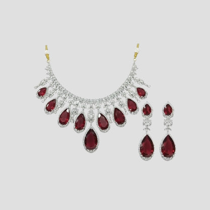 Red Stone Diamond-Cut Bridal Necklace Set for Women with Matching Earrings