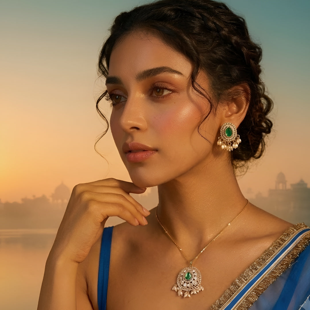 Gold Plated Green Kundan Pendant Necklace Set with Pearl Drop Earrings for Women Traditional Bridal Wedding Jewelry