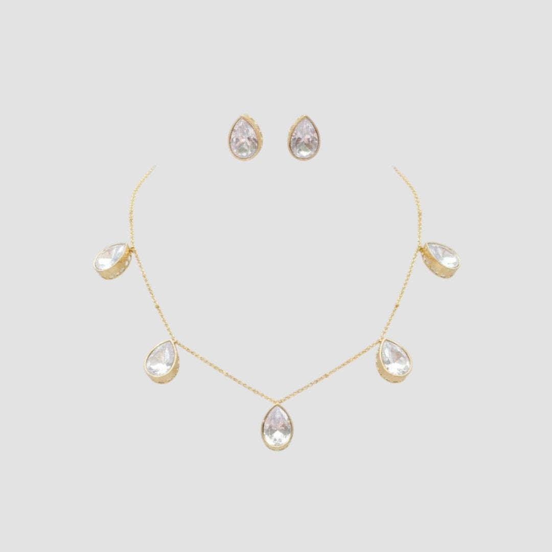 Gold-plated necklace set with pear-shaped crystal pendants and matching teardrop stud earrings