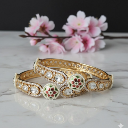 Traditional Kundan Meenakari floral gold bangles with pearls – bridal jewelry for women