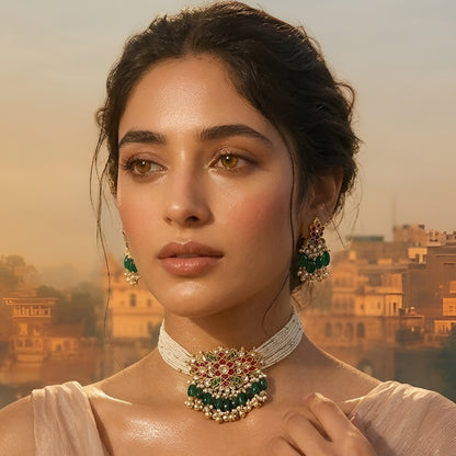 Traditional Kundan pearl choker necklace set with green bead drops and matching earrings in gold-plated finish for bridal and festive wear.