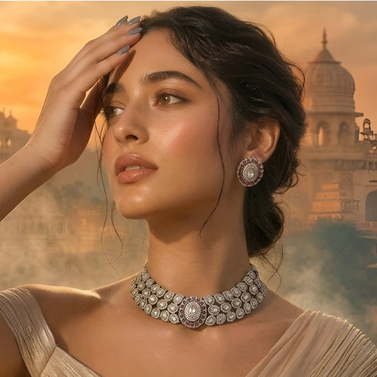 Royal pink stone and American diamond bridal choker necklace set with matching earrings in antique gold finish
