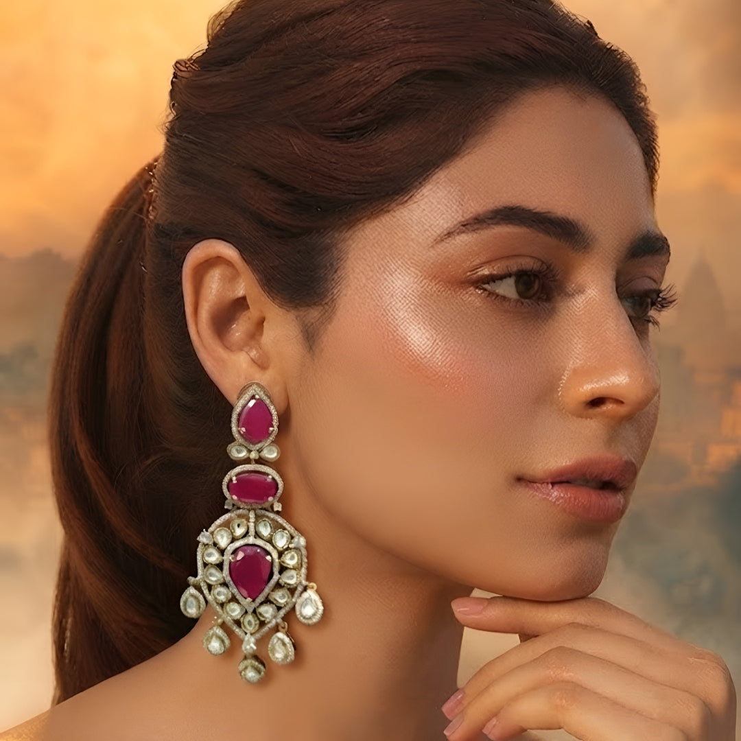 Ruby red stone and Polki gold plated chandelier earrings for women, bridal wedding statement ethnic jewelry with dangling drops.