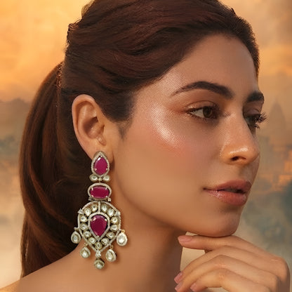 Ruby red stone and Polki gold plated chandelier earrings for women, bridal wedding statement ethnic jewelry with dangling drops.