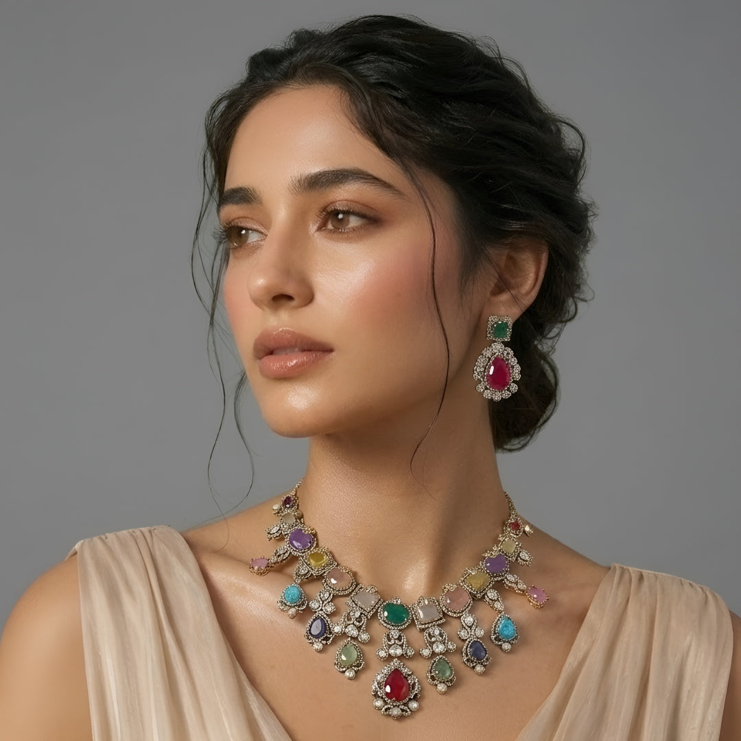 Luxury Multicolor Kundan Statement Necklace Set with Ruby Drop Earrings for Women