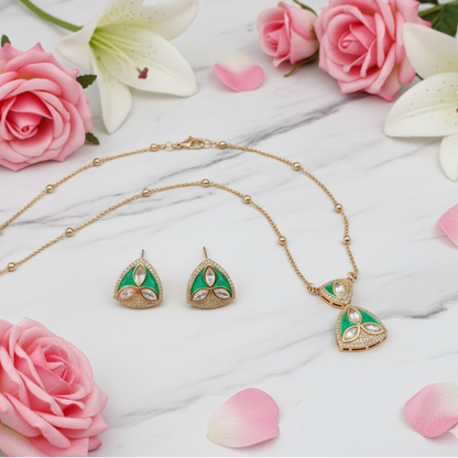 Green Enamel & White Stone Gold-Plated Elegant Necklace Set