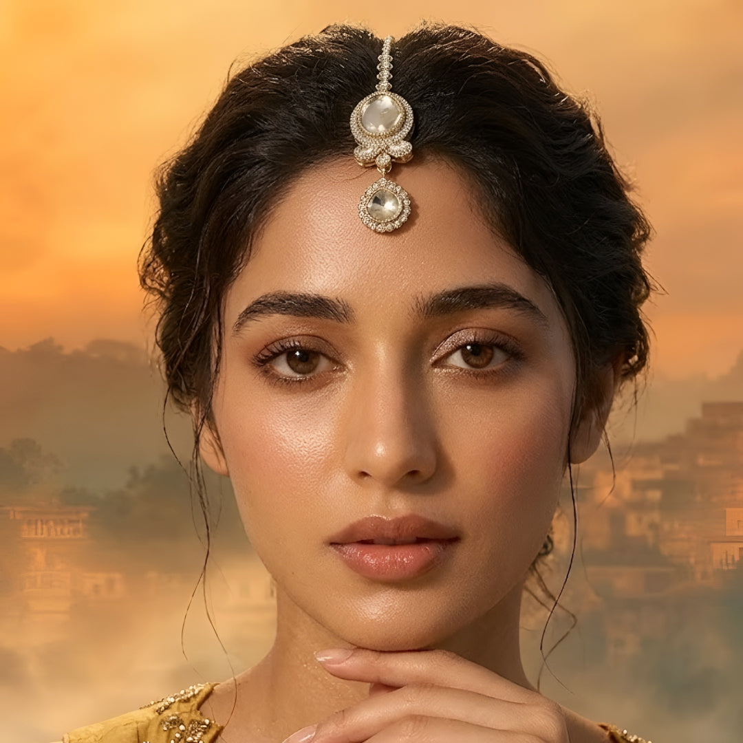 Gold-toned American Diamond oval stone maang tikka with floral crystal design and dangling charm for bridal and festive wear.