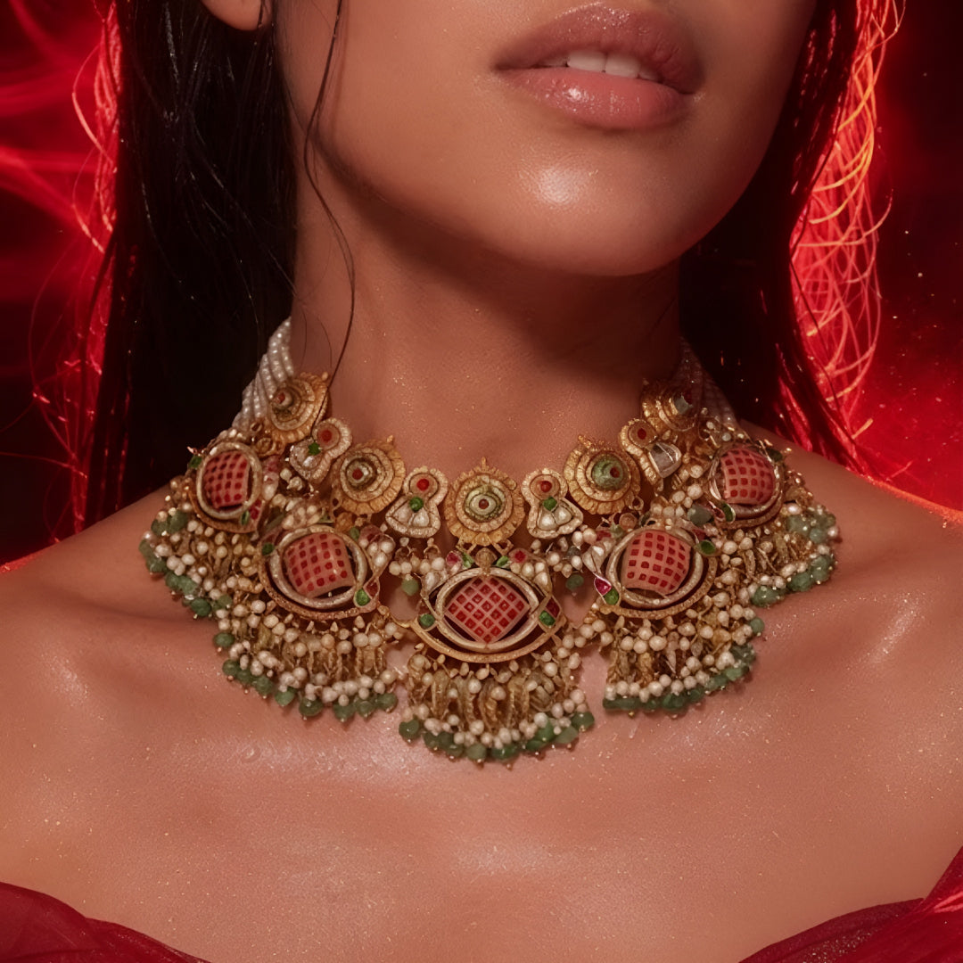 Temple jadau choker necklace set with ruby kemp stones and pearl tassels