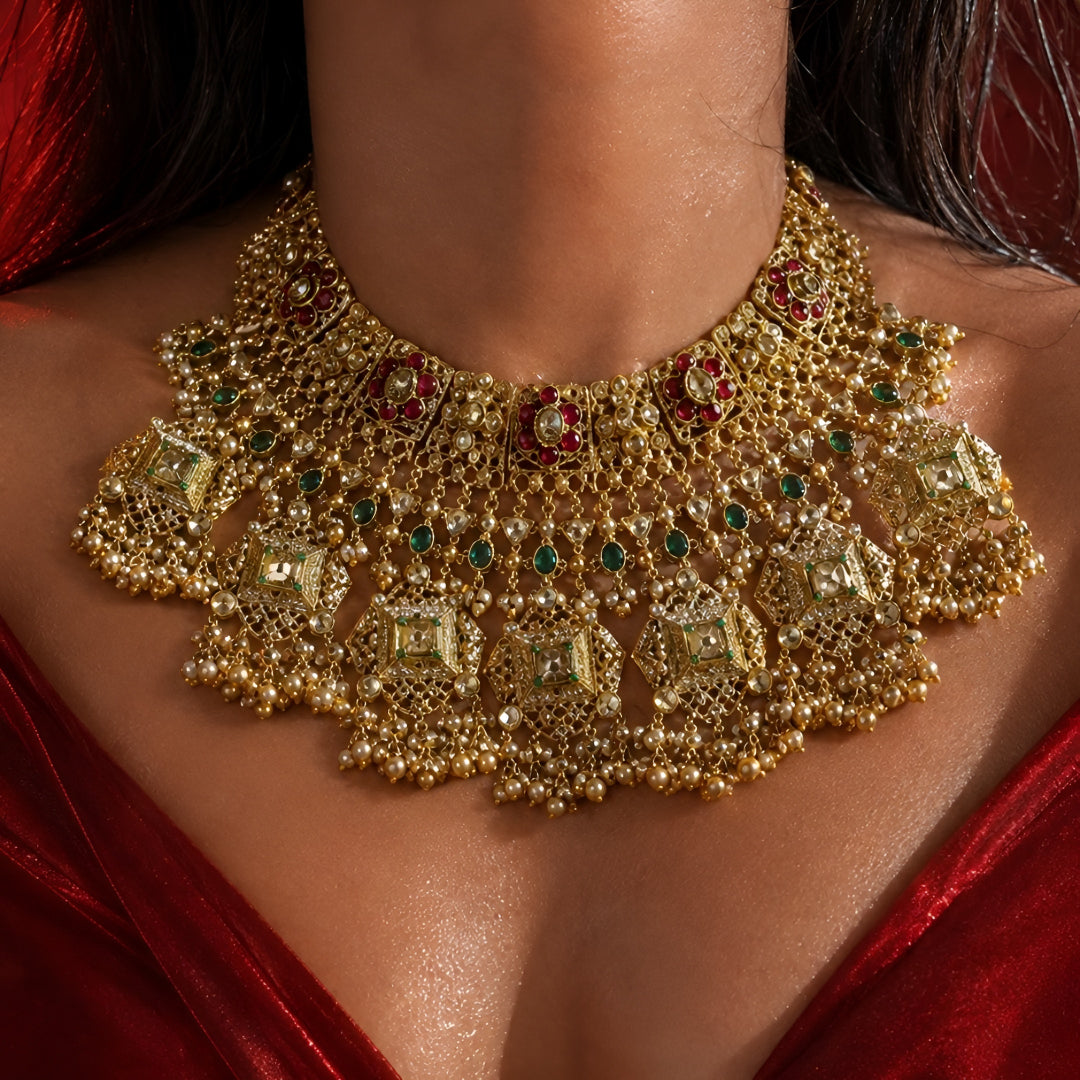 Antique gold filigree bridal choker set with ruby and green stones