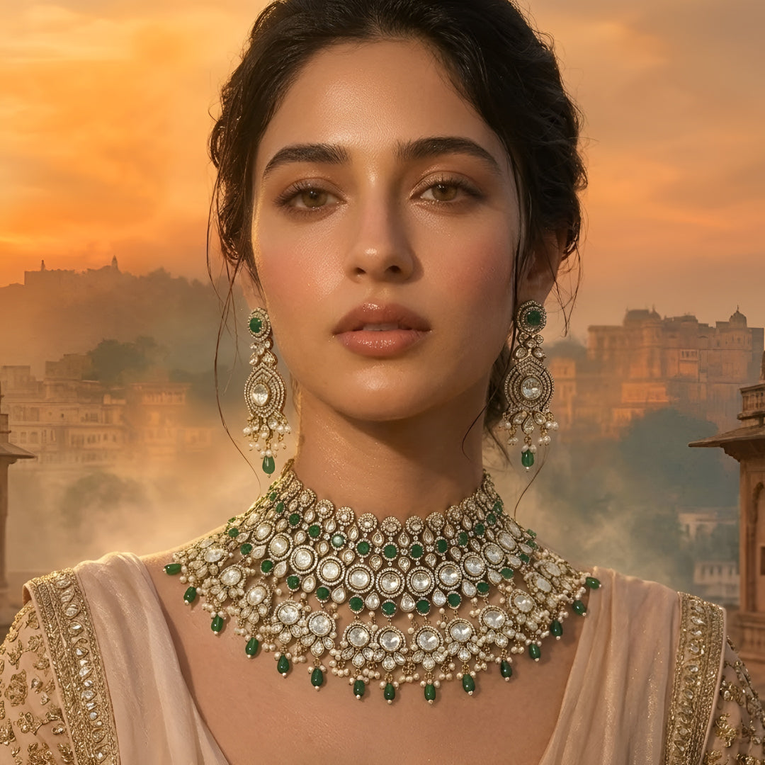 Emerald green stone Kundan bridal choker necklace set with crystal detailing and matching long earrings