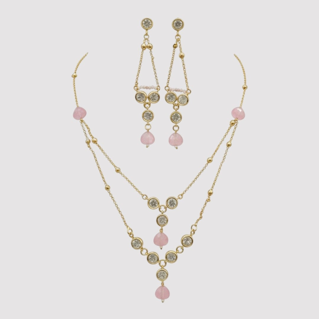 Gold-Plated Double-Layer Crystal Necklace Set With Earring