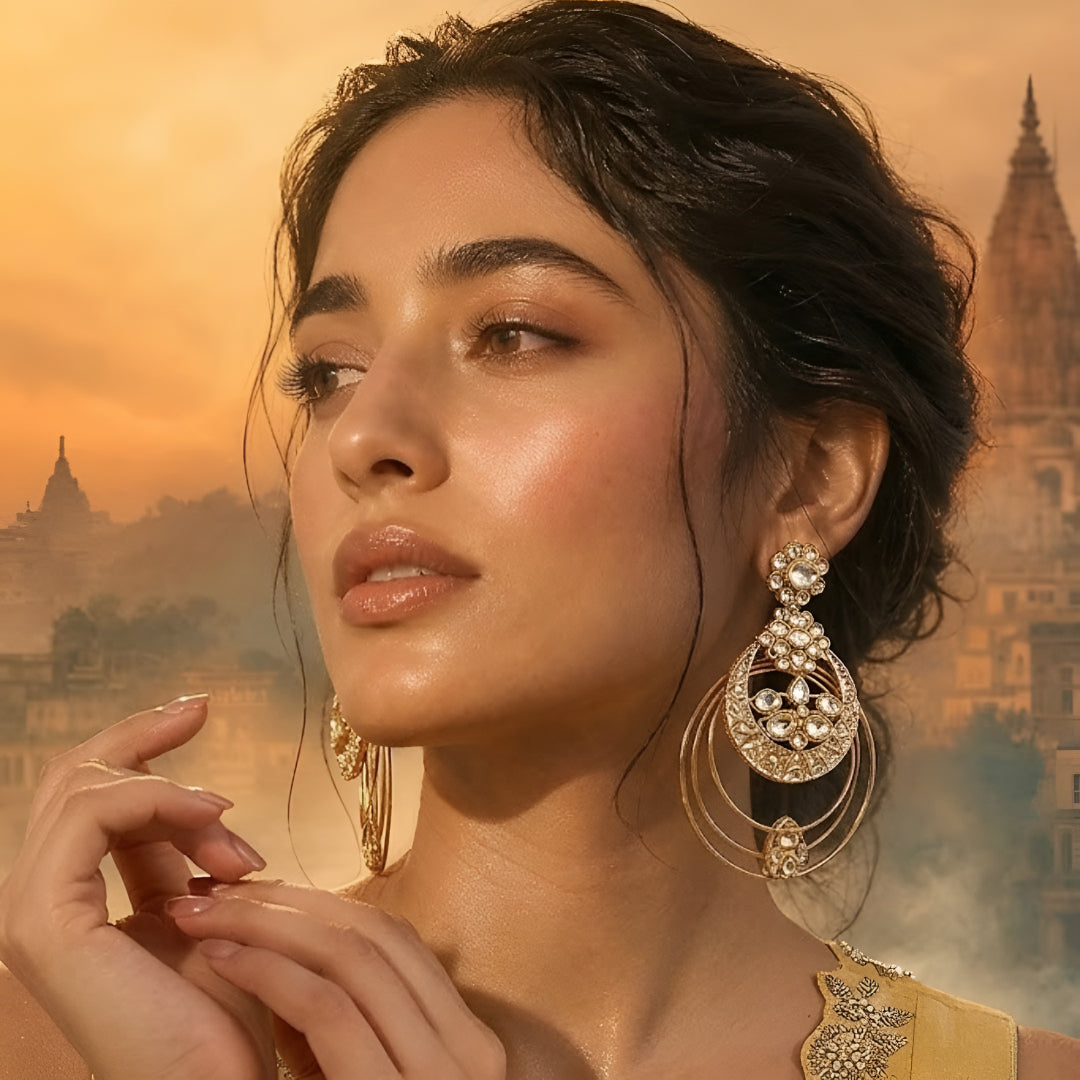 Gold Plated Kundan Hoop Earrings for Women | Traditional Chandbali Style Statement Earrings