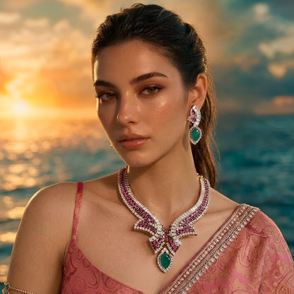 Luxury emerald, ruby and diamond necklace set with matching earrings in white gold featuring pear-shaped emerald gemstones, pink ruby accents and sparkling diamond detailing.